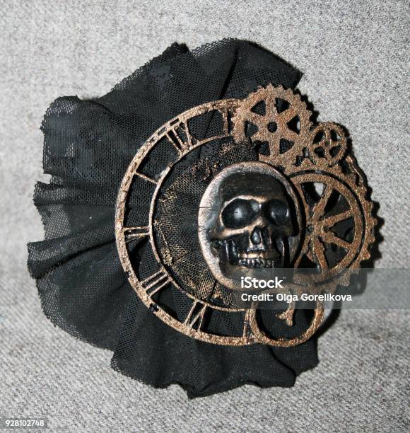 Handmade Steampunk Brooch With A Skull Bronze Decorative Elements And Black Lace Stock Photo - Download Image Now