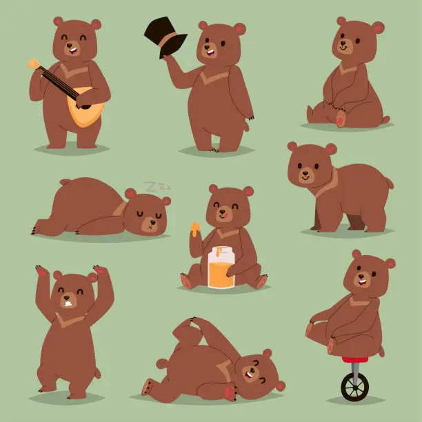 Vector illustration of Ccute cartoon vector bear emotions brown character happy smiling bear drawing mammal teddy smile. Cheerful mascot cartoon bear grizzly, young, baby animal zoo with honey, guitare, circus bike wheel