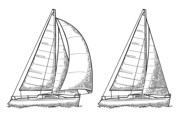 Two sailing yacht. Sailboat. Vector drawn flat illustration Two sailing ship with wave isolated on white background. Vector vintage black engraving illustration. Hand drawn graphic style. For yacht club. white sailboat silhouette stock illustrations