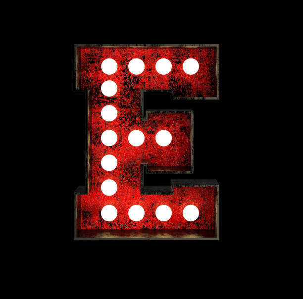 Letter E. Broadway Style Light Bulb Font. Letter E. Broadway Style Light Bulb Font made of Rusty Metal frame. 3d Rendering Isolated on Black Background 3d red letter e stock pictures, royalty-free photos & images