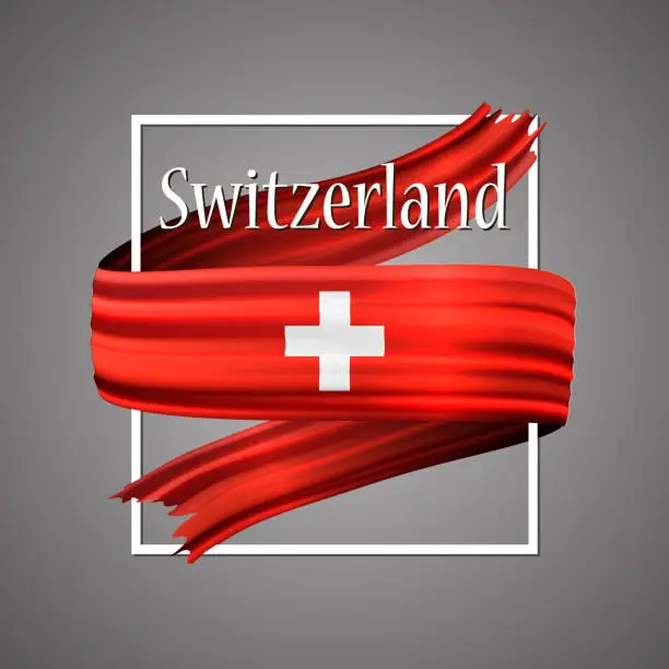 Vector illustration of Switzerland flag. Official national colors. Switzerlandish 3d realistic ribbon. Isolated waving vector glory flag stripe sign. Vector illustration background. Icon emoji design with frame.