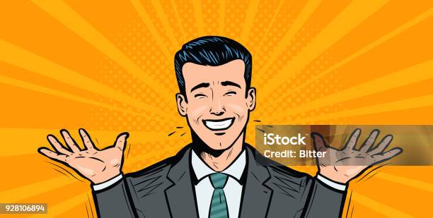 Happy Businessman Or Student Rejoices At Success Business Concept Cartoon In Pop Art Retro Comic Style Vector Illustration Stock Illustration - Download Image Now