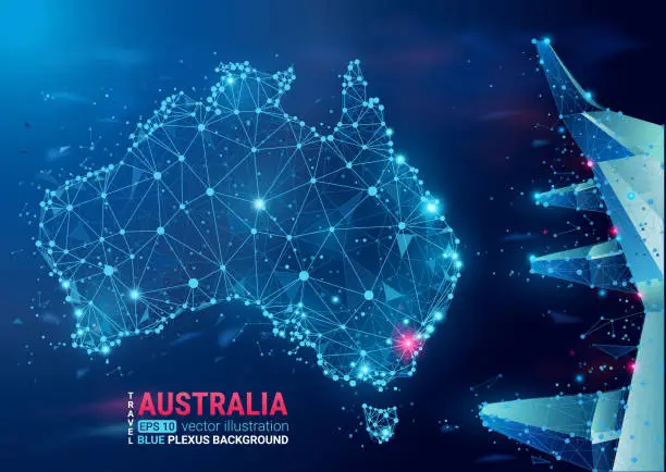 Vector illustration of Map of Australia. Floating blue plexus geometric background. Abstract vector illustration. High tech, communications and travel.