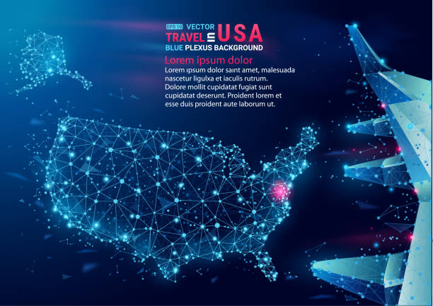 mapa usa. pływające niebieskie tło geometryczne splotu. wektor abstrakcyjny. - plexus stock illustrations