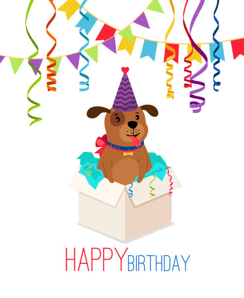 Happy birthday puppy in box card Happy birthday puppy in box. Birthday card with puppy dog pack gift vector illustration dog with ribbon stock illustrations