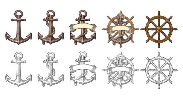 Anchor and sheep wheel with ribbon isolated on white background. Vector color and black vintage engraving illustration. Hand drawn in a graphic style.