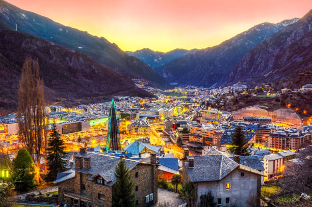 aerial view of andorra la vella sunset escaldes dusk caldea blue hour Andorra la Vella and Escaldes Engordany view at twilight. Andorra blue hour twilight photos stock pictures, royalty-free photos & images