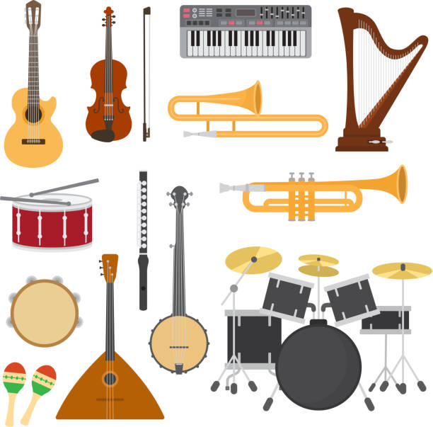 istock Musical instruments vector music concert with acoustic guitar or balalaika and musicians violin or harp illustration set wind instruments trumpet and flute isolated on white background 928116052