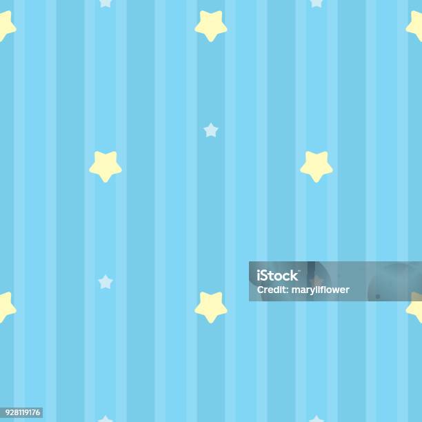 Symmetrical And Seamless Striped Blue Pattern With Yellow And White Stars Gift Wrap Background Childrens Bedroom Baby Nursery Wallpaper Scrapbook Wrapping Paper Vector Illustration Stock Illustration - Download Image Now