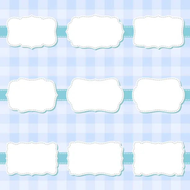 Vector illustration of Set of cute cartoon decorative sewing blank frames. Shape labels for baby shower, banner, sticker, scrapbook template. Flat and minimal design. Vector illustration.