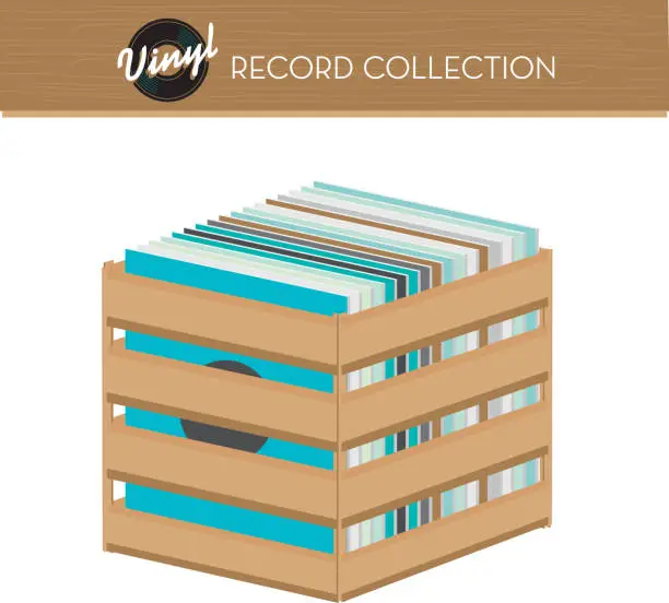 Vector illustration of Wooden crate filled with record collection