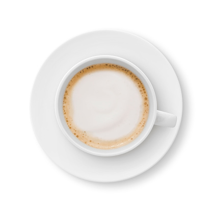 Top view of a cappuccino coffee cup and saucer isolated on white (excluding the shadow)