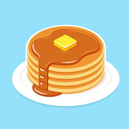 Buttermilk pancakes on plate with butter and honey or maple syrup. Traditional American breakfast food vector illustration.