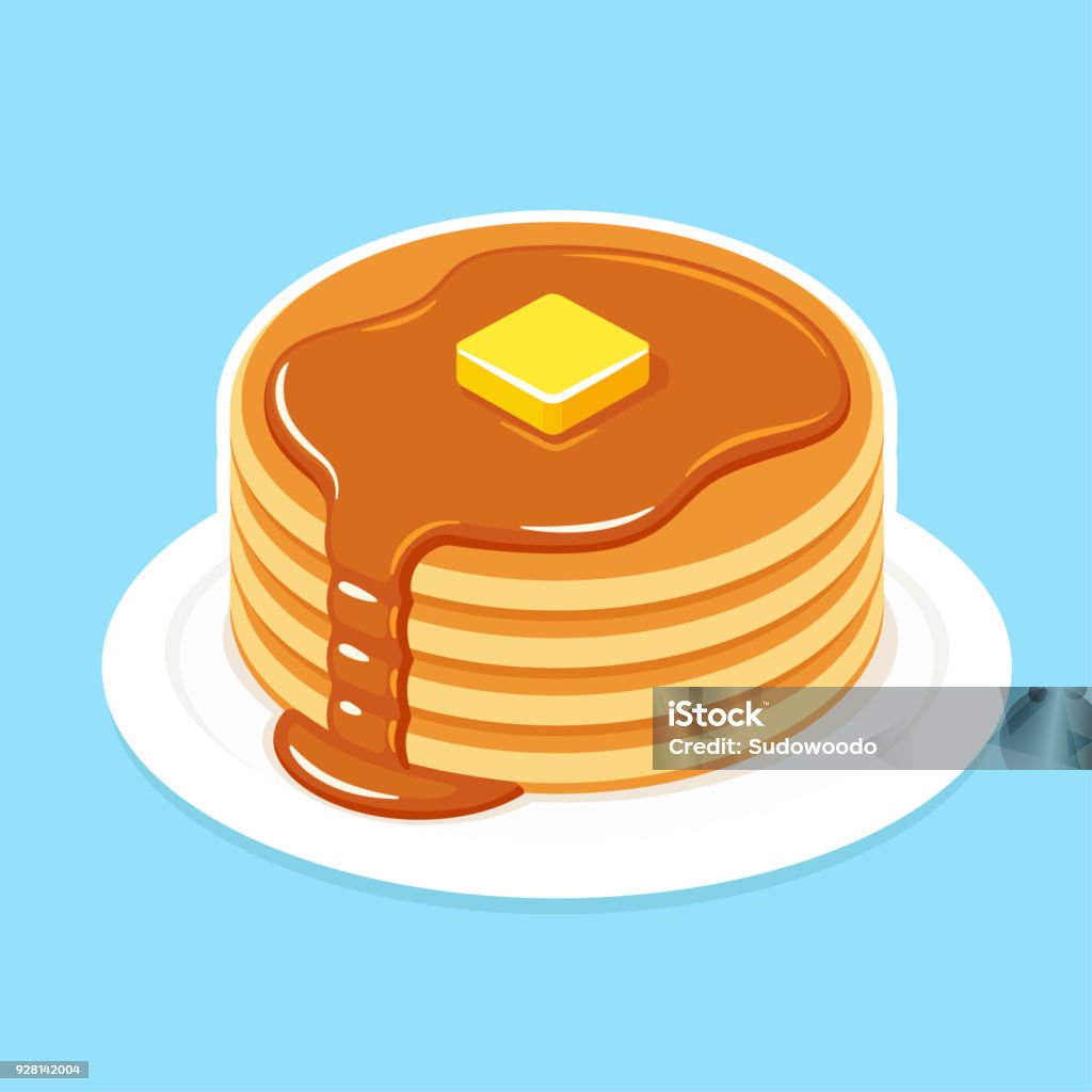 Breakfast pancakes illustration Buttermilk pancakes on plate with butter and honey or maple syrup. Traditional American breakfast food vector illustration. Pancake stock vector