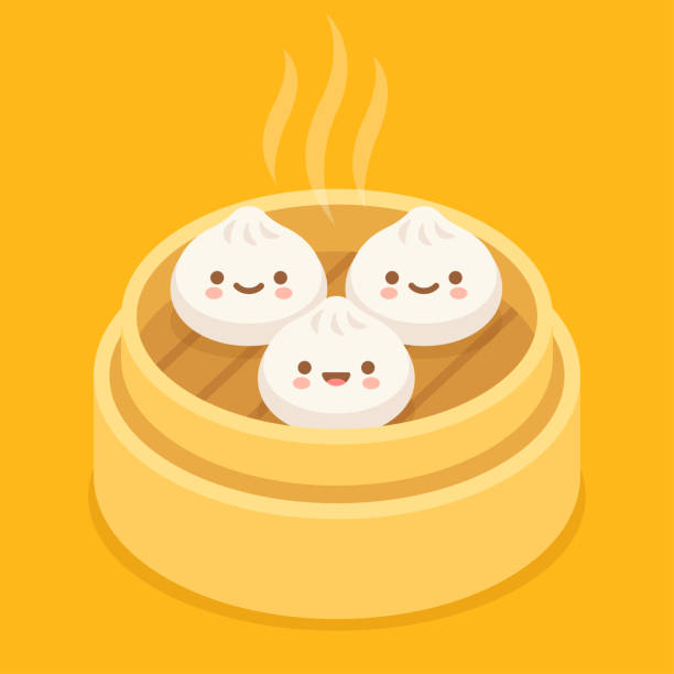 Cute cartoon Dim sum Cute cartoon Dim sum, traditional Chinese dumplings, with funny smiling faces. Kawaii asian food vector illustration. dumpling stock illustrations
