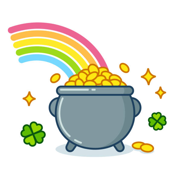 illustrazioni stock, clip art, cartoni animati e icone di tendenza di vaso d'oro con arcobaleno - treasure luck treasure chest wealth