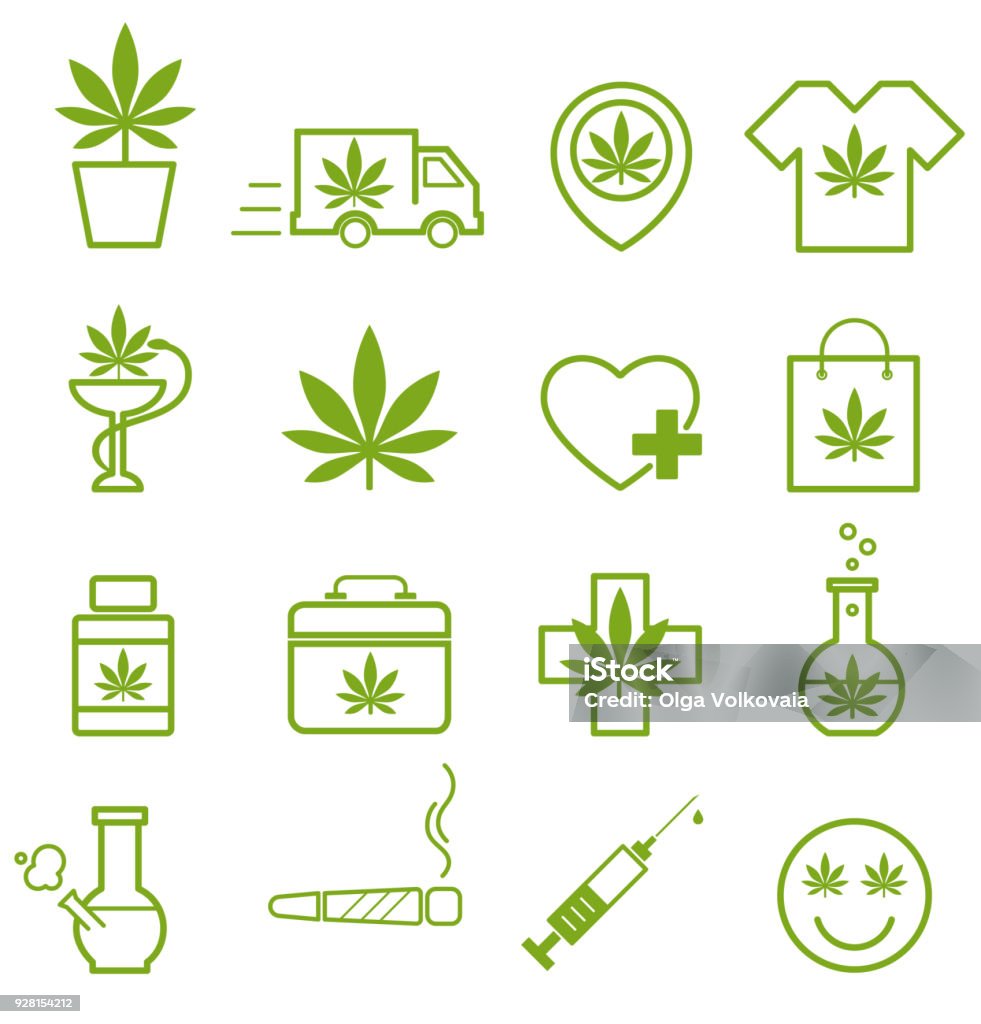 Marijuana, icone della cannabis. Set di icone della marijuana medica. Foglia di marijuana. - arte vettoriale royalty-free di Pianta di cannabis