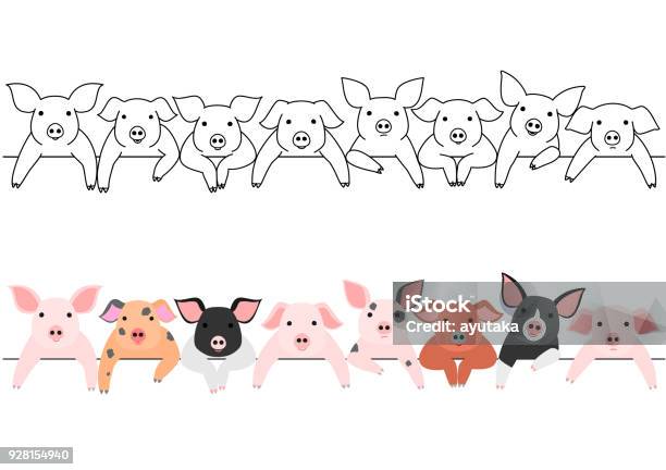 Little Pigs Border Set Stock Illustration - Download Image Now - Pig, Paw, Group Of Objects