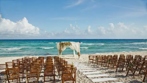Chairs and wedding setup on the white sand Mexico with the ocean in the background