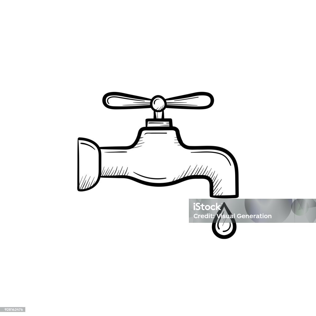 Water pipe with clean drop drawn sketch icon Water pipe with clean drop hand drawn outline doodle icon. Water drop falling from the pipe vector sketch illustration for print, web, mobile and infographics isolated on white background. Faucet stock vector