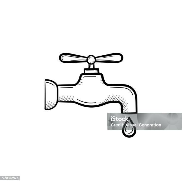 Water Pipe With Clean Drop Drawn Sketch Icon Stock Illustration - Download Image Now - Faucet, Drawing - Art Product, Symbol