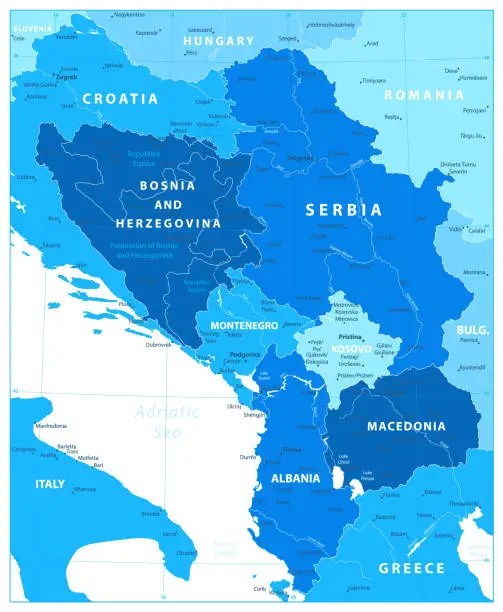 Vector illustration of Central Balkan Region Map in Colors Of Blue