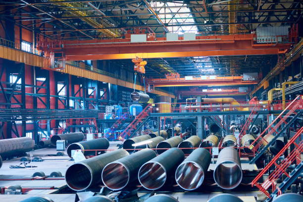 Tube rolling plant for production of large pipes stock photo