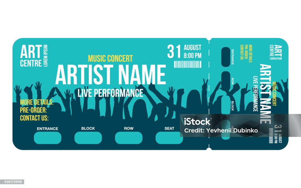 Concert ticket template. Concert, party or festival ticket design template with people crowd on background Concert ticket template. Concert, party or festival ticket design template with people crowd on background. Entrance to the event. Vector Ticket stock vector