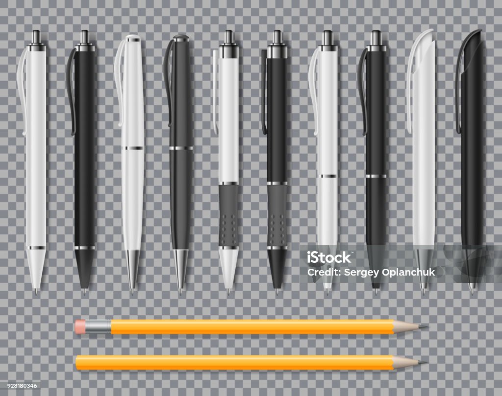 リアルなオフィス エレガントなペンと透明な背景に分離された鉛筆のセットです。オフィス空白と黒ボールペン。ベクトル図 - ペンのロイヤリティフリーベクトルアート