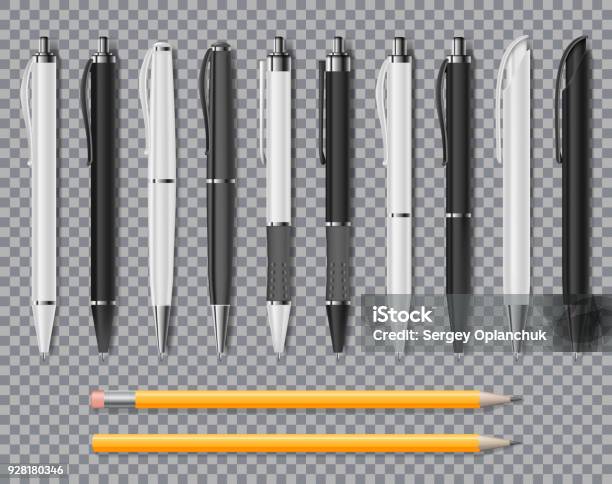 リアルなオフィス エレガントなペンと透明な背景に分離された鉛筆のセットですオフィス空白と黒ボールペンベクトル図 - ペンのベクターアート素材や画像を多数ご用意