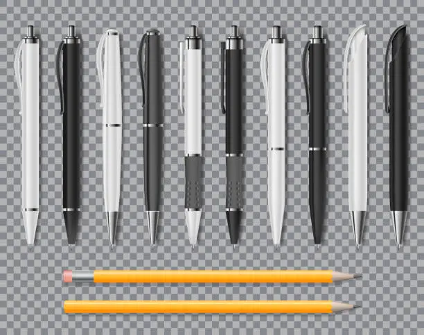 Vector illustration of Set of Realistic office Elegant pens and pencil isolated on transparent background. Office Blank white and black Ball Pens. Vector illustration