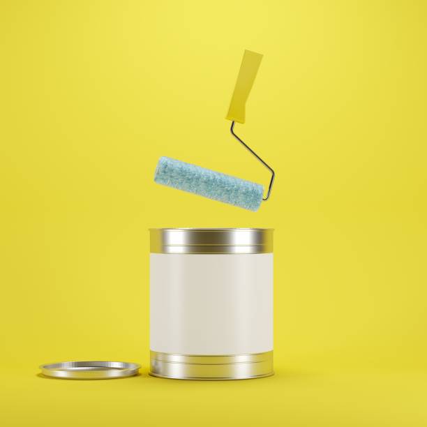 istock Roller paint floating on yellow background with paint bucket. minimal idea concept. 928181364