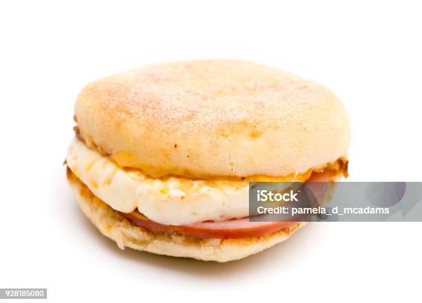 Egg Canadian Bacon And Cheese Breakfast Sandwich On A White Background Stock Photo - Download Image Now