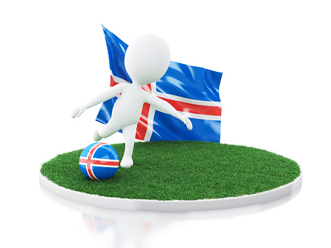 3d illustration. White people with Iceland flag and soccer ball on grass. Sports concept. Isolated white background