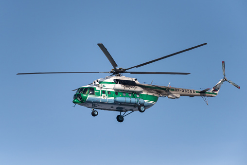 Novosibirsk, Russia - February 14, 2018: Helicopter Mil Mi-8MTV-1 Hip RF-38366 in the sky near Tolmachevo International Airport