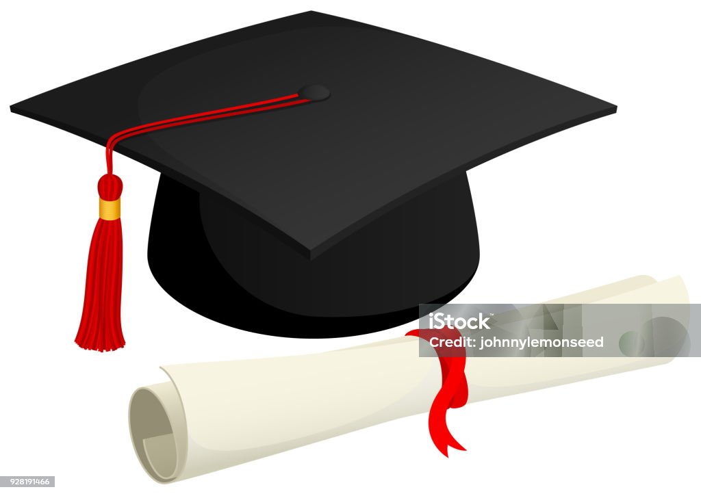 Cap and Diploma Vector illustration of a graduation cap and a rolled diploma. Diploma stock vector