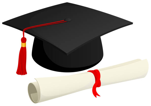 Cap and Diploma Vector illustration of a graduation cap and a rolled diploma. diploma stock illustrations