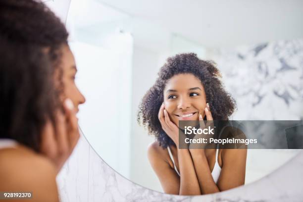 Get The Day Started With Glowing Skin Stock Photo - Download Image Now - Mirror - Object, Women, One Woman Only