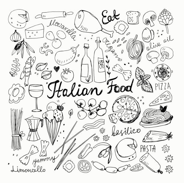 ilustrações de stock, clip art, desenhos animados e ícones de hand-drawn italian food doodles - eggplant cheese mozzarella italian cuisine