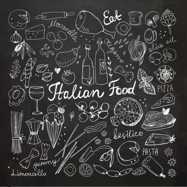 рисованые итальянские пищевые каракули - italian cuisine illustrations stock illustrations