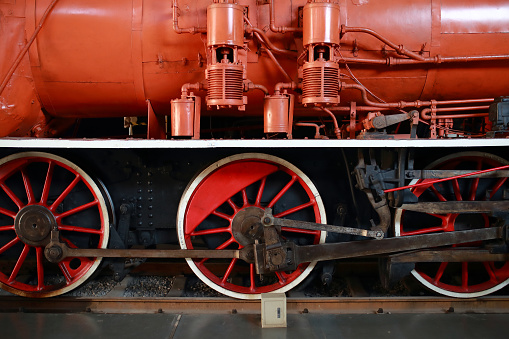 A closeup shot of the wheels of an old Steam locomotive on the railway