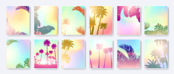 Colorful Summer banners, tropical backgrounds with palm leaves. Vector illustration. Colorful Summer banners, tropical backgrounds set with palms, sea, clouds, sky, beach. Beautiful Summer Time cards, posters, flyers, party invitations. Summertime, template collection. caribbean stock illustrations