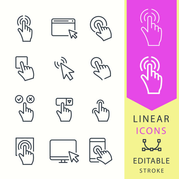 라인 벡터 아이콘 세트-클릭 합니다. 편집 가능한 선입니다. - 컴퓨터 마우스 stock illustrations