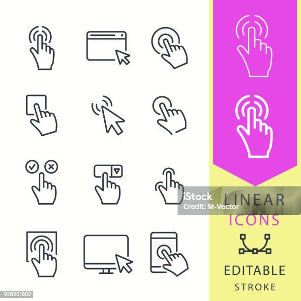 Click Line Vector Icon Set Editable Stroke Stock Illustration - Download Image Now - Icon Symbol, Computer Mouse, Cursor