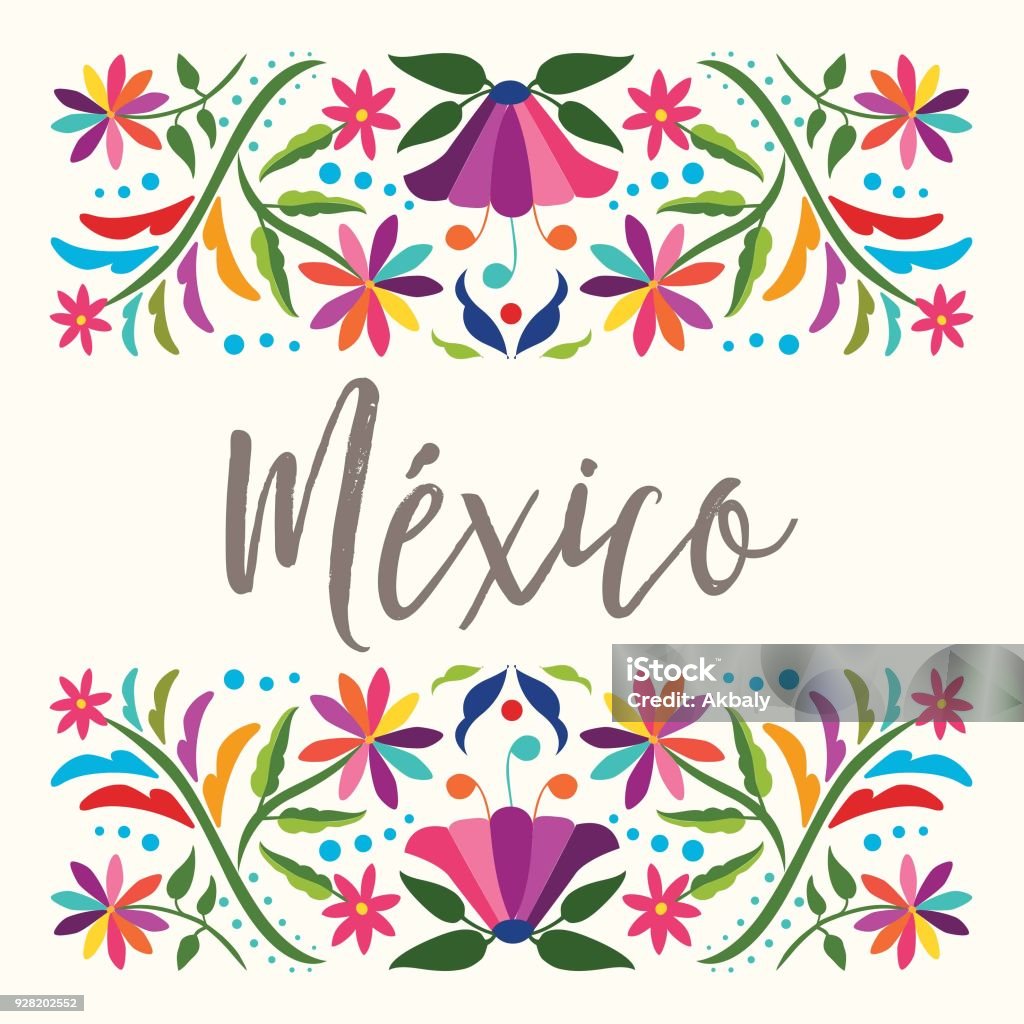 Traditional Mexican Composition - Copy Space Colorful Mexican Traditional Textile Embroidery Style from Tenango, Hidalgo; México – Floral Composition with Birds Mexico stock vector