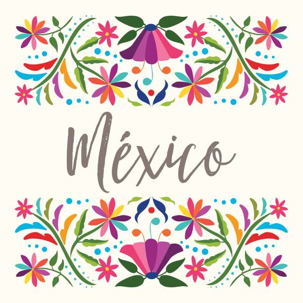 Traditional Mexican Composition - Copy Space Colorful Mexican Traditional Textile Embroidery Style from Tenango, Hidalgo; México – Floral Composition with Birds mexico illustrations stock illustrations