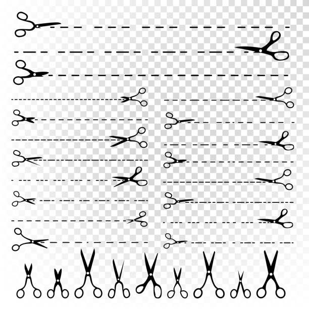 ilustrações, clipart, desenhos animados e ícones de vetor da linha de tesoura. conjunto de linhas de corte pontilhado. silhuetas de scissor preto. corte borda de colheita. modelo de recorte. lâmina de ofício. isolado em ilustração de fundo transparente - coupon scissors sale frame