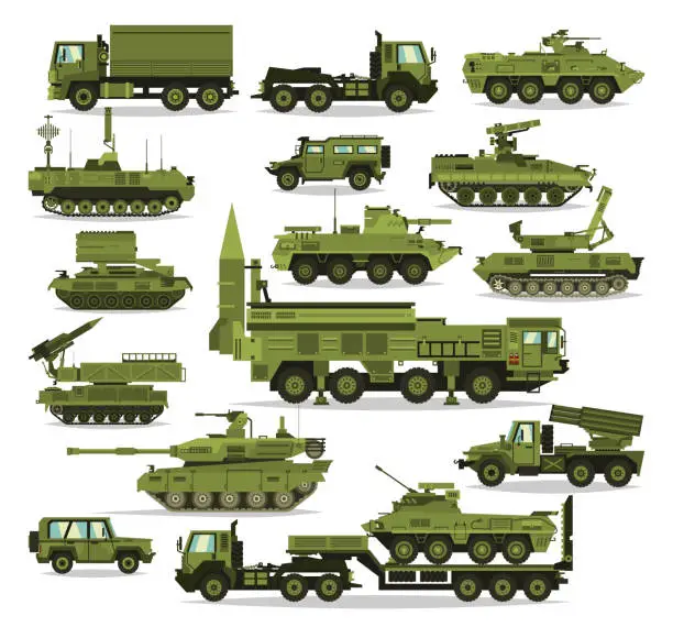 Vector illustration of Big set of military equipment. Heavy, reservations and special transport. Equipment for the war. The missile, tanks, trucks, armored vehicles, artillery pieces. Isolated objects. Vector illustration