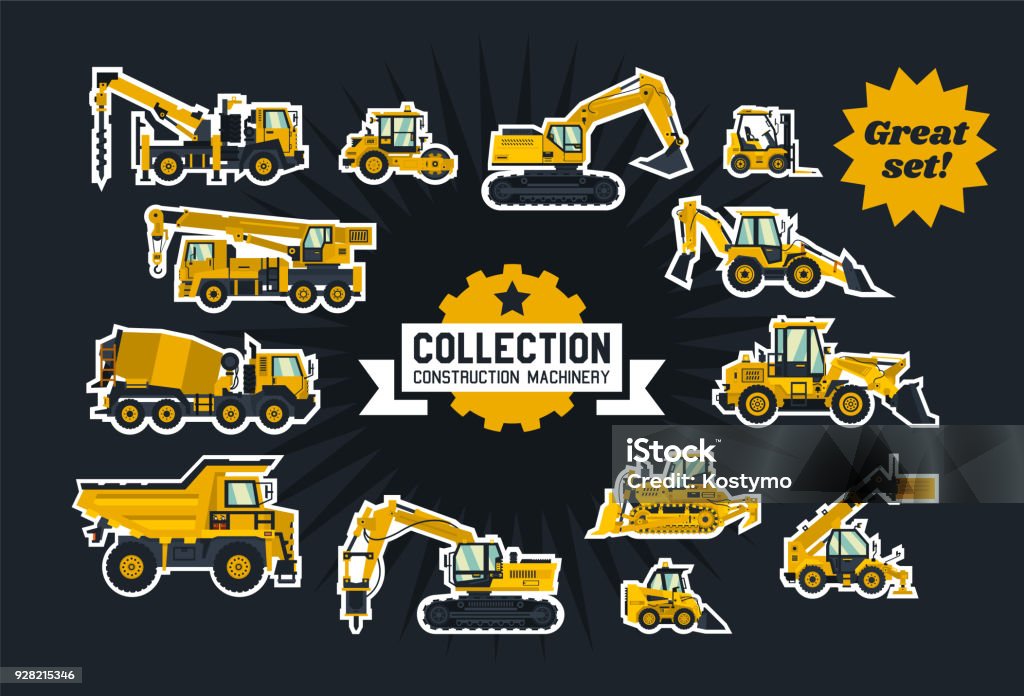 Collection of construction equipment. Special equipment. Objects circled white outline and isolated on a dark background. Excavators, bulldozers, cement mixers, crane truck, paver. Flat style Backhoe stock vector