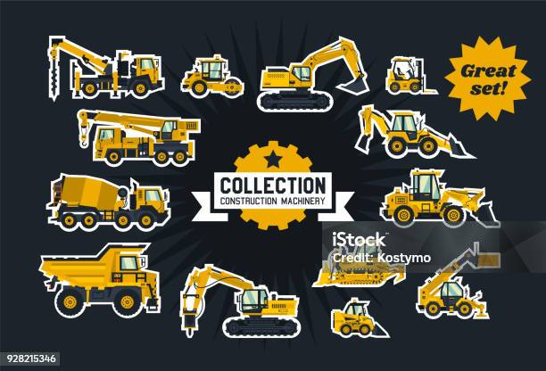 Collection Of Construction Equipment Special Equipment Objects Circled White Outline And Isolated On A Dark Background Excavators Bulldozers Cement Mixers Crane Truck Paver Flat Style Stock Illustration - Download Image Now